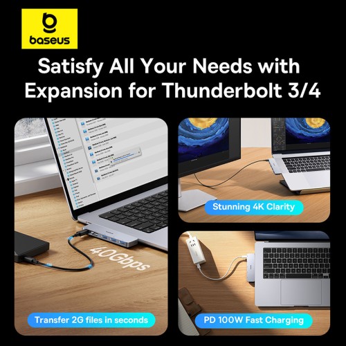 USB-хаб Baseus UltraJoy Series 5-Port HUB Space Grey (USB-C*2 to USB-C 40Gbps*1+HDMI 4K@30Hz*1+USB3.0*3）