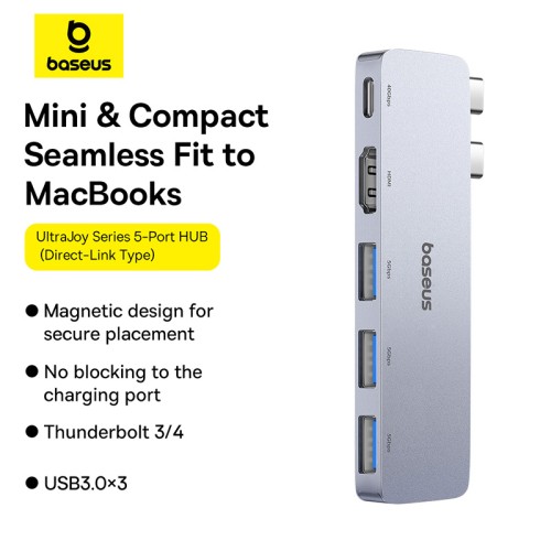 USB-хаб Baseus UltraJoy Series 5-Port HUB Space Grey (USB-C*2 to USB-C 40Gbps*1+HDMI 4K@30Hz*1+USB3.0*3）