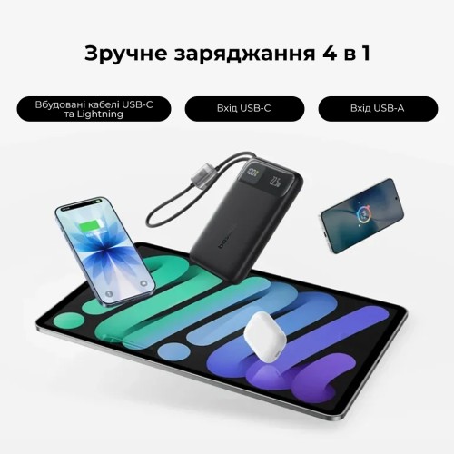 Зовнішній акумулятор Baseus EnerFill FC11 Digital Display Power Bank with Dual Built-in Cables 20000mAh 22.5W Cosmic Black
