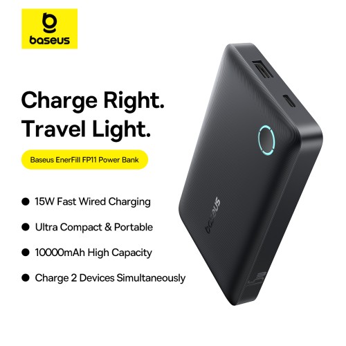 Зовнішній акумулятор Baseus EnerFill FP11 Power Bank 10000mAh 15W Cosmic Black (Includes Simple Type-C to Type-C Cable 20V/3A 30cm Black)