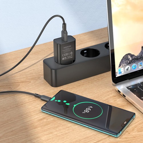 Мережевий зарядний пристрій з кабелем BOROFONE BA72A Spring single port QC3.0 charger set(Type-C) 18W Black