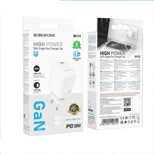 Мережевий зарядний пристрій з кабелем BOROFONE BN28 Fuente single port PD30W charger set (C to C) (EU) White