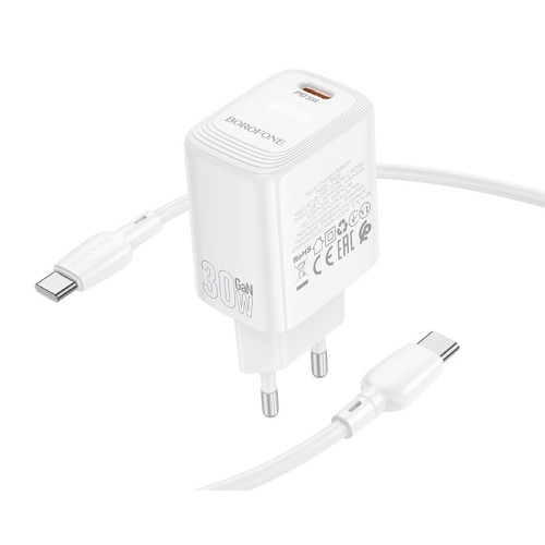 Мережевий зарядний пристрій з кабелем BOROFONE BN28 Fuente single port PD30W charger set (C to C) (EU) White