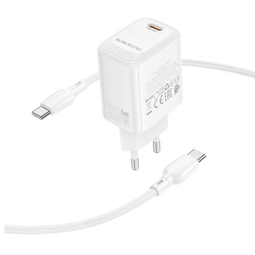 Мережевий зарядний пристрій з кабелем BOROFONE BN26 Fuente single-port PD20W charger set (C to C) (EU) White