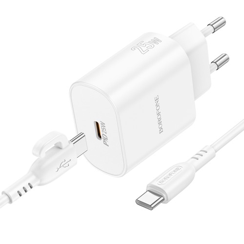 Мережевий зарядний пристрій з кабелем BOROFONE BA82A Platinum single port PD25W charger set(C to C)(EU) White