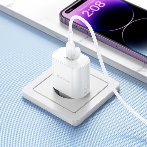 Мережевий зарядний пристрій з кабелем BOROFONE BA82A Platinum single port PD25W charger set(C to C)(EU) White