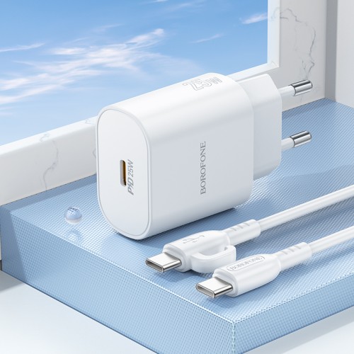 Мережевий зарядний пристрій з кабелем BOROFONE BA82A Platinum single port PD25W charger set(C to C)(EU) White