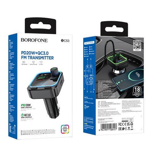 АЗП з FM-модулятором BOROFONE BC53 Highway PD20W+QC3.0 car BT FM transmitter 18W Black