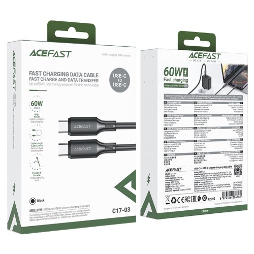 Кабель ACEFAST C17-03 USB-C to USB-C silicone charging data cable Black