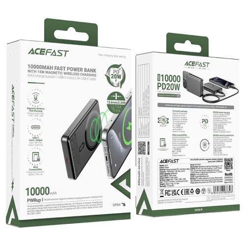 Зовнішній акумулятор ACEFAST M12 PD20W ultra-thin magnetic wireless charging power bank 10000mAh, Black