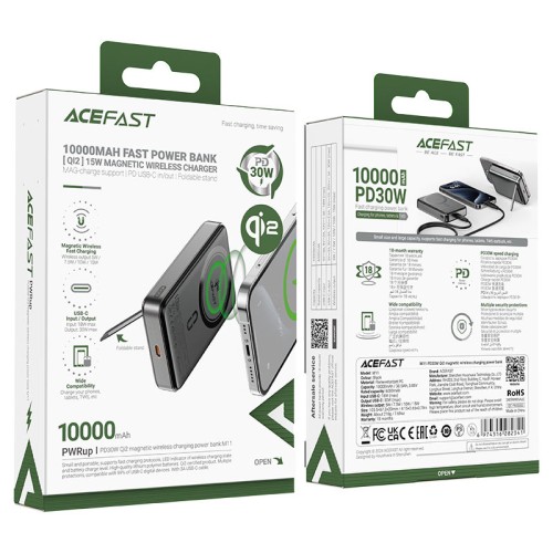 Зовнішній акумулятор ACEFAST M11 PD30W Qi2 magnetic wireless charging power bank 10000 mAh Black