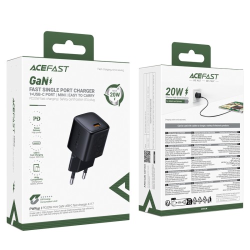 Мережевий зарядний пристрій ACEFAST A117 PD20W mini GaN USB-C fast charger Black