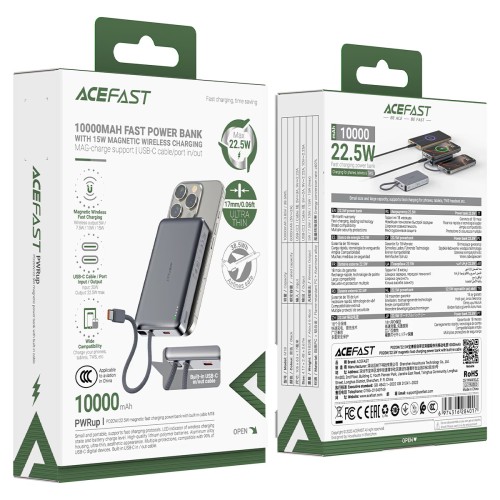 Зовнішній акумулятор ACEFAST M18-10000 PD20W/22.5W magnetic fast charging power bank with built-in cable Black