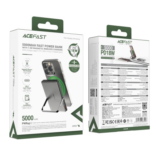 Зовнішній акумулятор ACEFAST M16-5000 PD18W ultra-thin magnetic wireless charging power bank with stand Black
