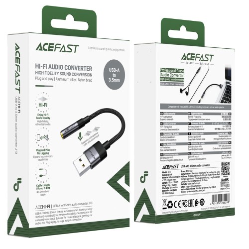 Аудіокабель ACEFAST J13 USB-A to 3.5mm female, nylon braid, 0.15m, Black