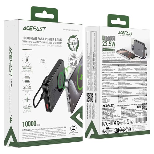 Зовнішній акумулятор ACEFAST M31-10000 22.5W magnetic fast charging power bank with cable Black