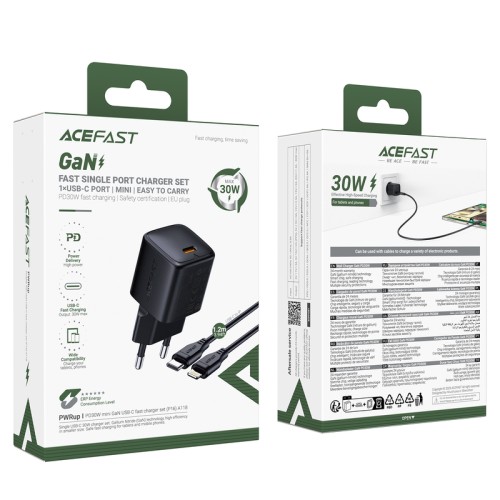 Мережевий зарядний пристрій з кабелем ACEFAST A118 PD30W mini GaN USB-C fast charger set (P16) Black