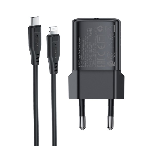 Мережевий зарядний пристрій з кабелем ACEFAST A118 PD30W mini GaN USB-C fast charger set (P16) Black