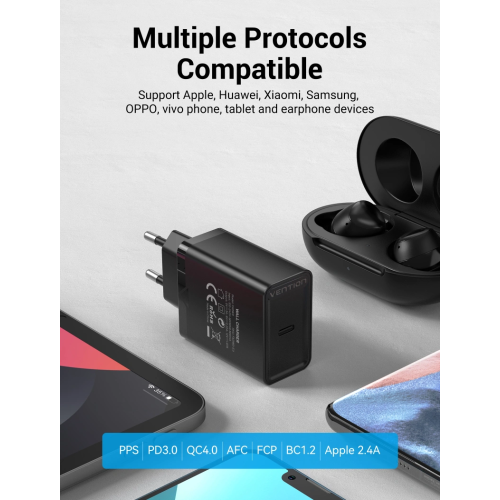 Мережевий зарядний пристрій Vention 1-port USB-C Wall Charger(20W) EU-Plug Black (FADB0-EU)