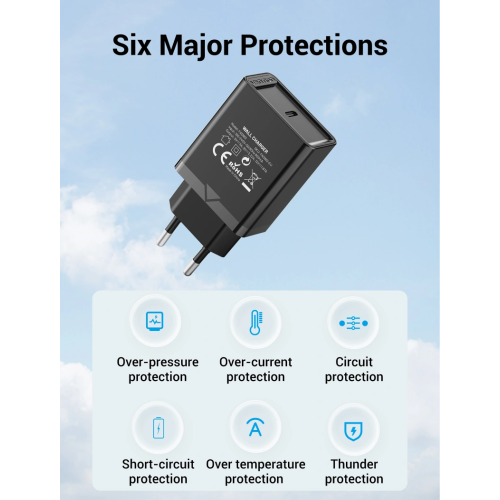 Мережевий зарядний пристрій Vention 1-port USB-C Wall Charger(20W) EU-Plug Black (FADB0-EU)
