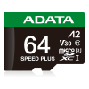 Карта пам'яті microSDXC (UHS-1 U3) A-DATA SPEED PLUS 64Gb Class 10 V30 A2 (R-160Mb/s W140Mb/s) (adapter SD)