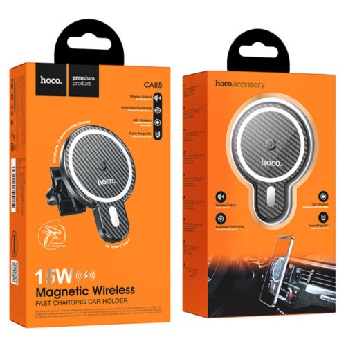 Автотримач для телефона з БЗП HOCO CA85 Ultra-fast magnetic wireless charging car holder Black