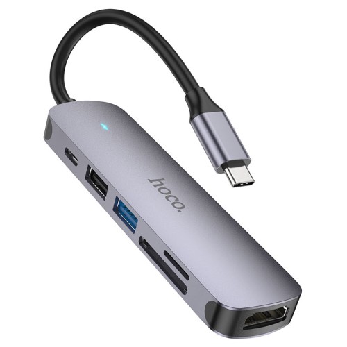 USB-хаб HOCO HB28 Type-C multi-function converter(HDTV+USB3.0+USB2.0+SD+TF+PD) Metal Gray
