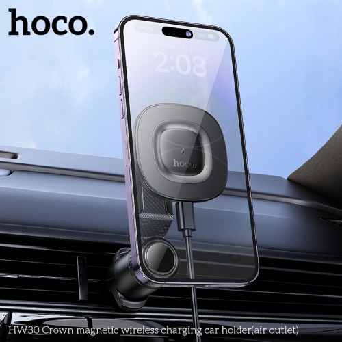 Автотримач для телефона з БЗП HOCO HW30 Crown magnetic wireless charging car holder (air outlet) Black Metal Gray