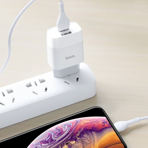 Мережевий зарядний пристрій з кабелем HOCO C73A Glorious dual port charger set (iP)(EU) White