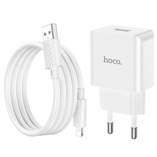 Мережевий зарядний пристрій з кабелем HOCO C106A Leisure single port charger set(iP) 10.5W White