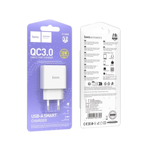 Мережевий зарядний пристрій HOCO C140A Smart single port QC3.0 charger (EU) White