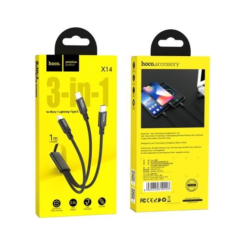 Кабель HOCO X14 3-in-1 Times speed charging cable iP+Micro+Type-C Black