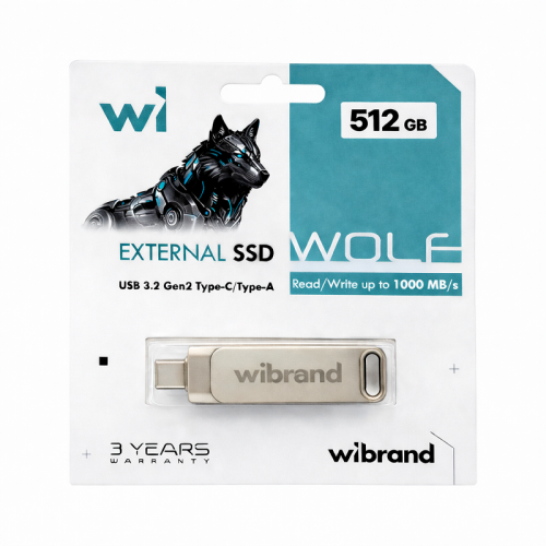 Портативний SSD Wibrand Wolf 512GB USB 3.2 Gen.2 Type-C/Type-A Read/Write 1000MB/s Silver
