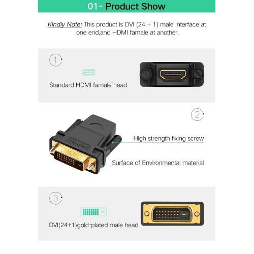 Адаптер UGREEN 20124 DVI 24+1 Male to HDMI Female Adapter (Black) (UGR-20124)
