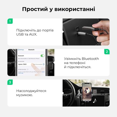 Bluetooth-ресивер UGREEN CM309 Bluetooth Car Receiver Aux with Mic Space Gray