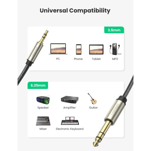 Аудіокабель UGREEN AV127 3.5mm Male  to 6.35mm Male, TRS Stereo Audio Cable, nylon braid, 2m Gray