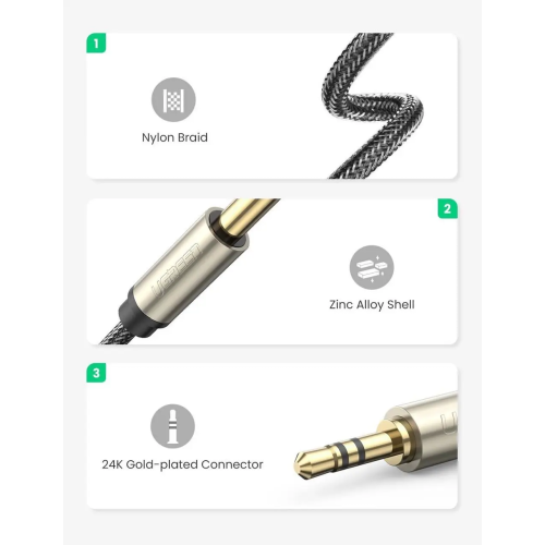 Аудіокабель UGREEN AV127 3.5mm Male  to 6.35mm Male, TRS Stereo Audio Cable, nylon braid, 2m Gray