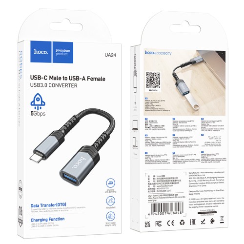 Кабель-перехідник HOCO UA24 Type-C male to USB female 3.0 converter Metal Gray