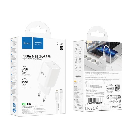 Мережевий зарядний пристрій з кабелем HOCO C148A Charm single port PD30W charger set (C to iP) (EU) White