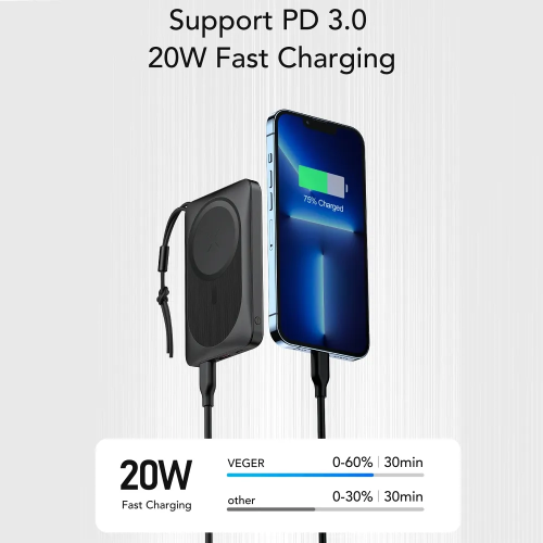 Зовнішній акумулятор VEGER 10000 mAh with wireless charging compatible with MagSafe PD QC3.0 2A 20W MagOn (VP1151 / W1151) white