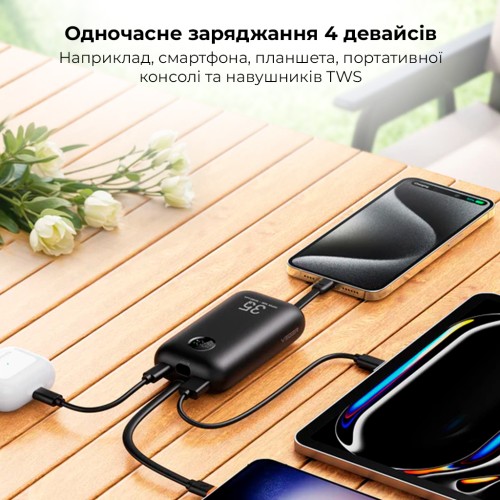 Зовнішній акумулятор VEGER 10000 mAh with built-in cables Type C / Lightning PD QC3.0 35W K1 (W1188) black