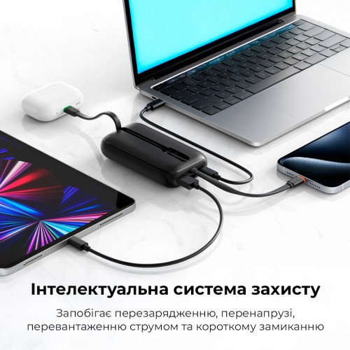 Зовнішній акумулятор VEGER 10000 mAh with built-in cables Type C / Lightning PD QC3.0 35W K1 (W1188) black