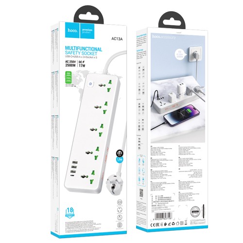 Мережевий подовжувач HOCO  AC13A Talento 5-position socket(1C3A) (1,5 m) White