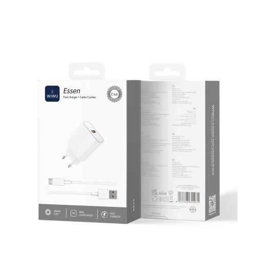 Мережевий зарядний пристрій з кабелем WIWU 2.4A Essen GaN Fast Charger Combo with A-M cable Wi-G023 A-M EU White
