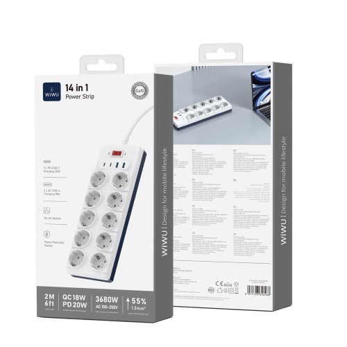 Мережевий подовжувач WIWU 14 in 1 20W GaN Power Strip 2C+2A+10AC Wi-S008 EU (2 m) White