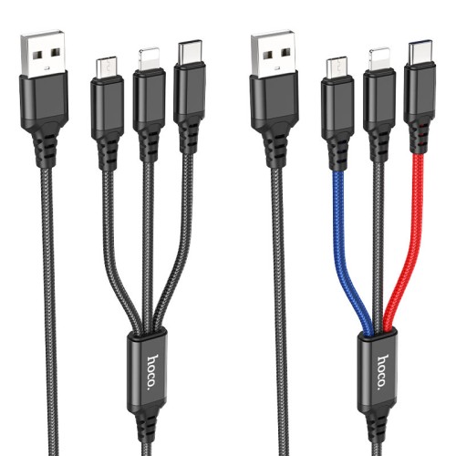 Кабель HOCO X76 USB to iP+Type-C+Micro 2A, 1m, nylon, aluminum connectors Black+Red+Blue
