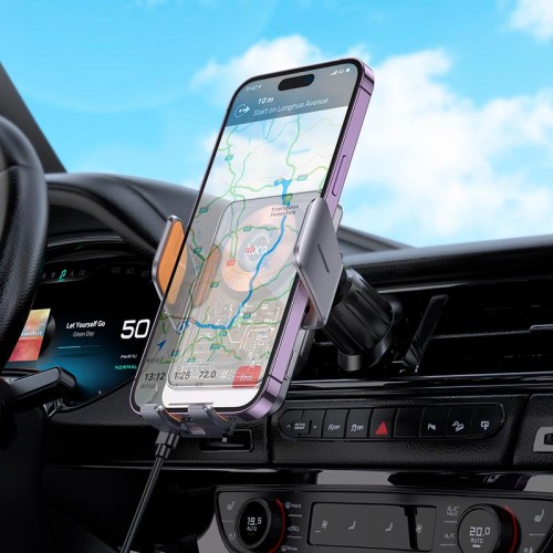 Автотримач для телефона з БЗП HOCO HW7 Transparent Discovery Edition wireless fast charging car holder(air outlet) Metal Gray