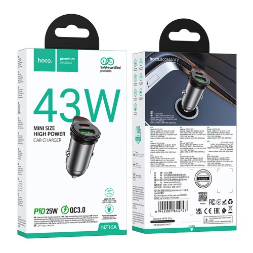 Автомобільний зарядний пристрій HOCO NZ16A Rigorous 43W dual port PD25W+QC3.0 car charger Metal Grey
