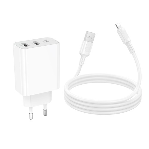 Мережевий зарядний пристрій з кабелем BOROFONE BA105A Stellar three-port charger set (iP) (EU) White