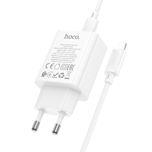 Мережевий зарядний пристрій з кабелем HOCO C143A Benefit single port PD20W charger set(C to iP) White